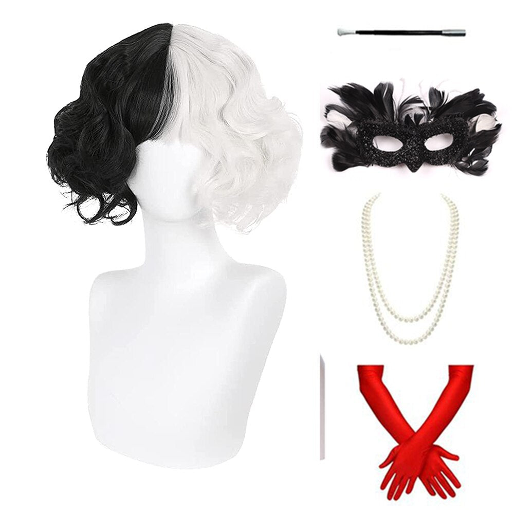 Cruella De Vil Kuila Half Black Half White Short Curly Hair Bangs Bob Cosplay Halloween Costume Synthetic Ladies Wig