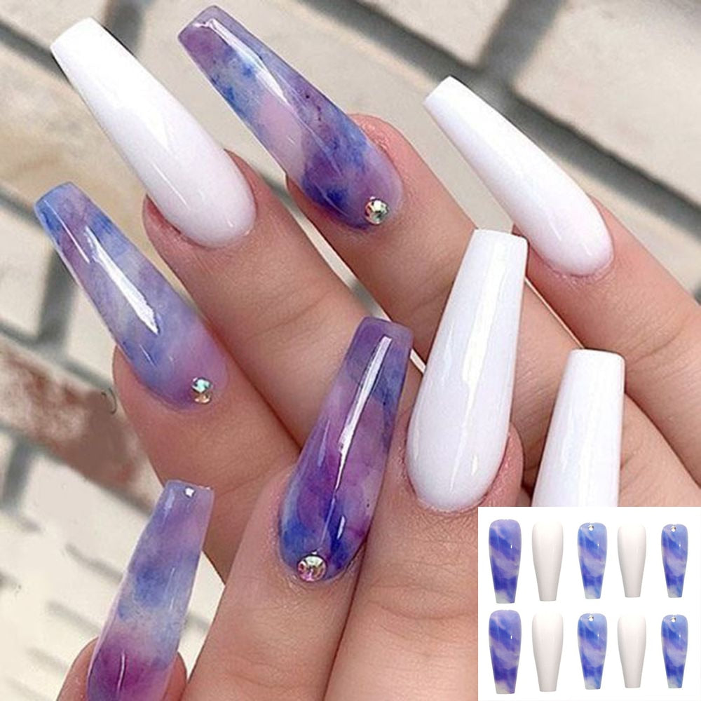 Purple Pink Ombre Rhinestone Fake Nails Coffin Ballerina Ladies Fingernails Natural Long French Gradient Press On False Nails