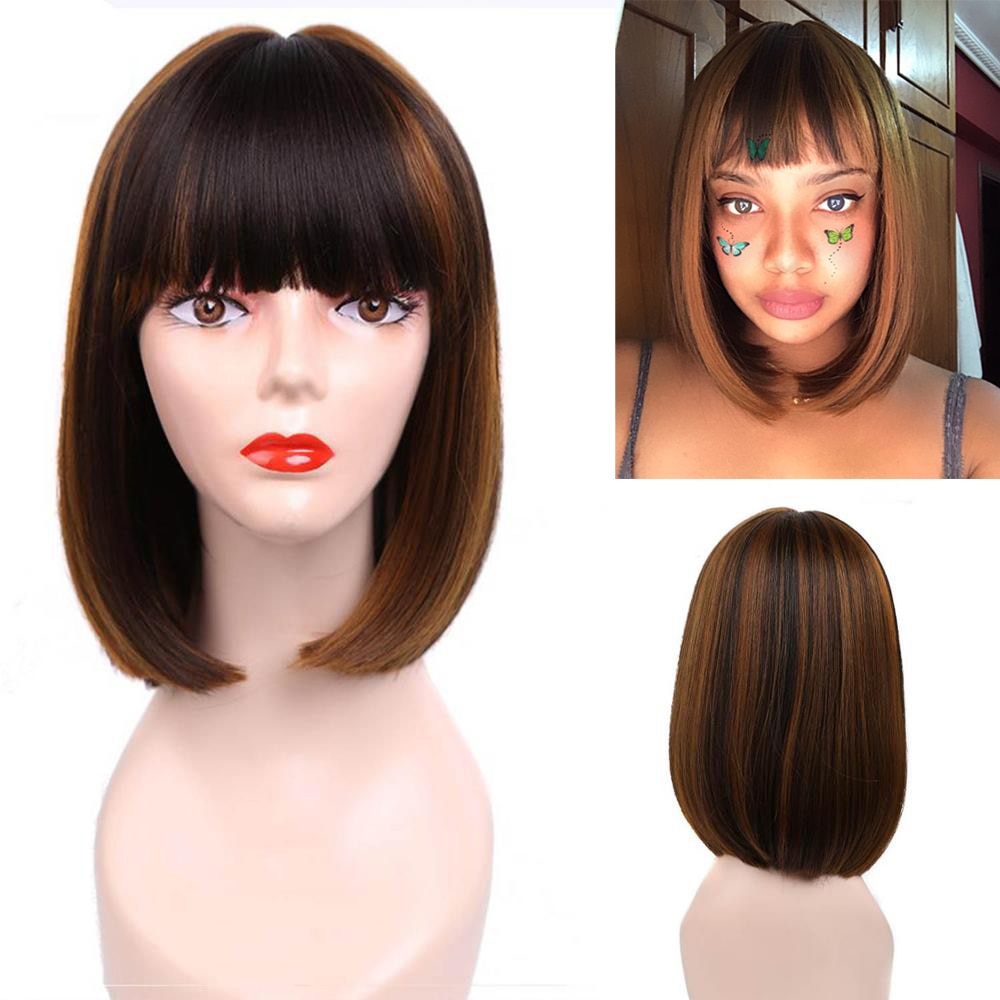 Amir Straight Black Synthetic Wigs With Bangs For Women Medium Length Hair Bob Wig Heat Resistant bobo Hairstyle Curly wigs