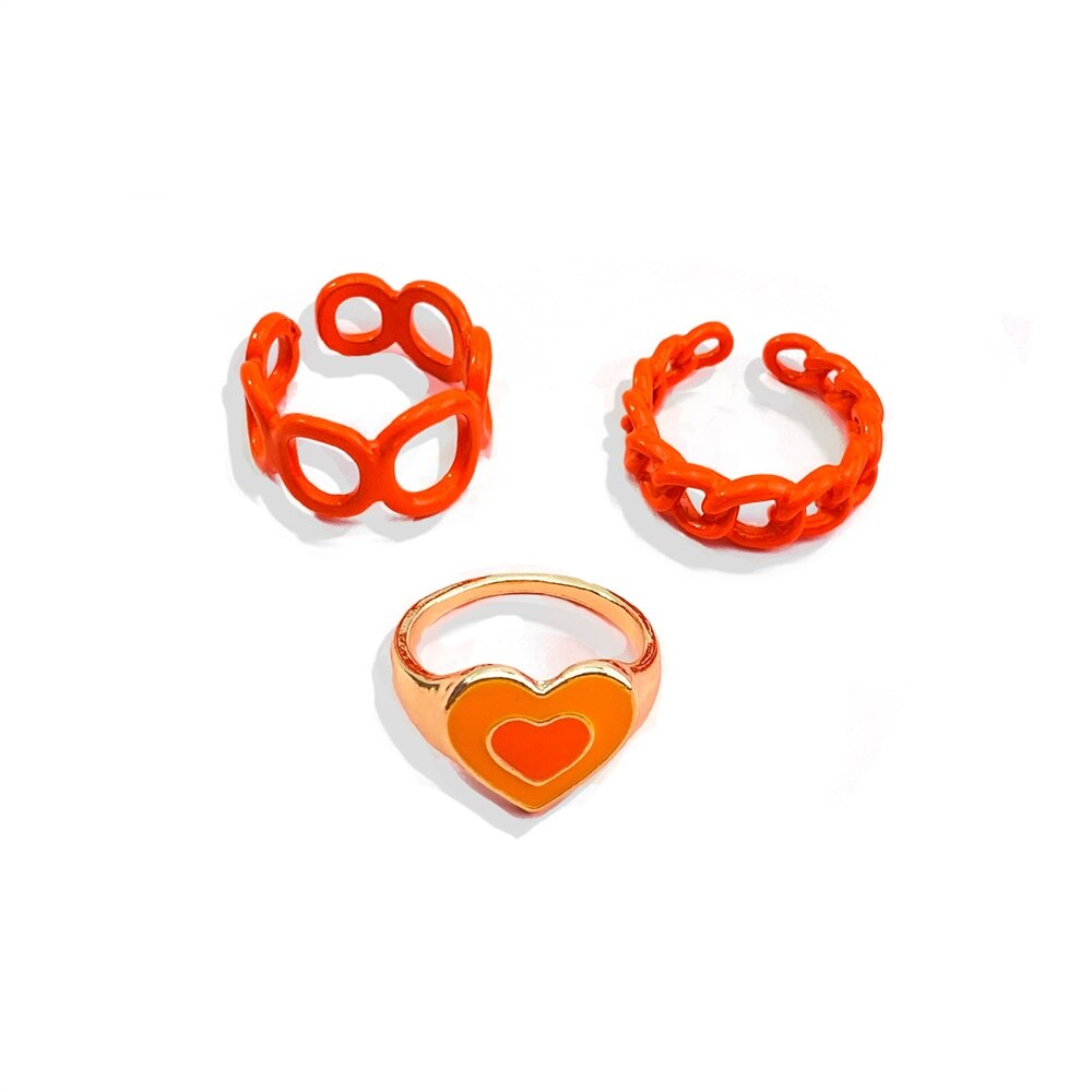 Y2K Style Korean Colorful Resin Chain Rings Set for Women Fashion Colorful Multilayered Heart Ring