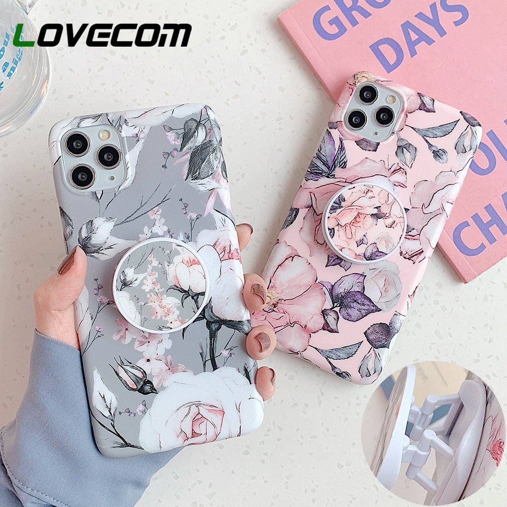 Retro Flower Phone Case With Holder For iPhone 12 11 13 Pro Max XR XS Max 7 8 Plus X Soft IMD Matte Full Body Phone Back Cover