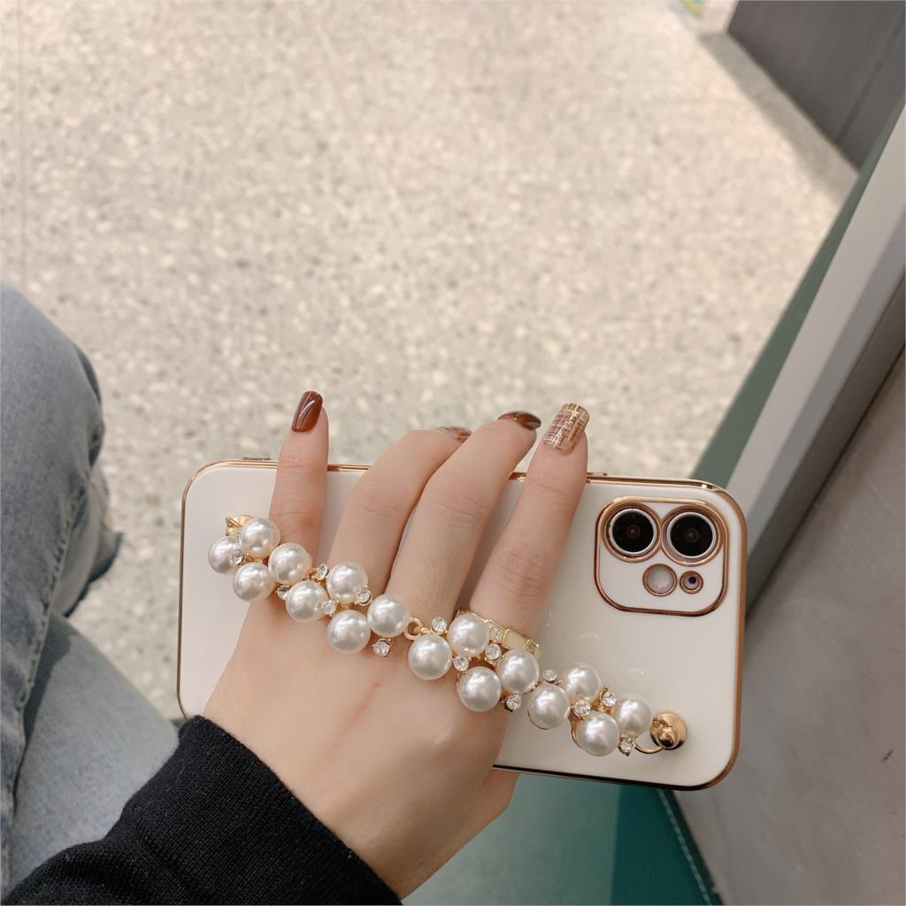 Plating Pearl rhinestone wrist bracelet Soft Phone Case For iPhone 11 12 13 Pro X XS Max 7 8 Plus Wrist Chian Strap phone Coque