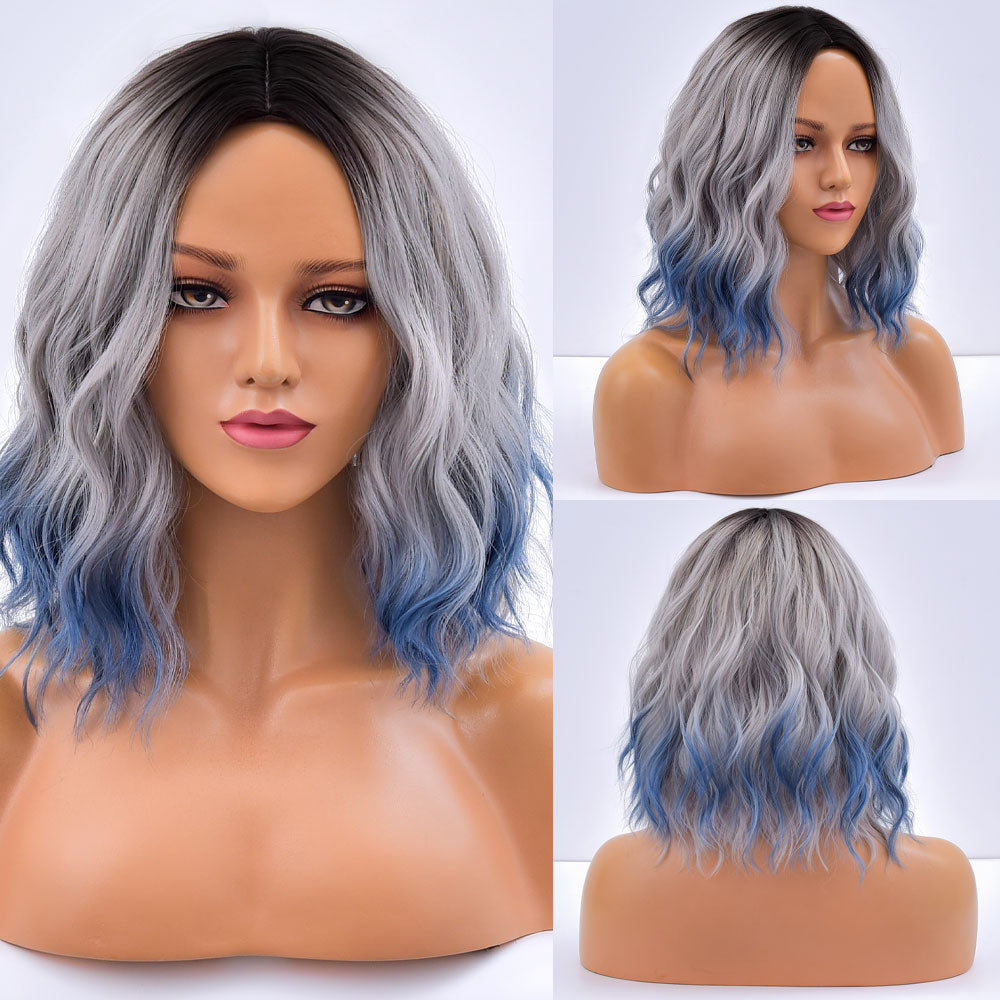 Short Bob Synthetic Wig Ombre Pink Water Wave Hair Wigs With Bangs Cosplay Lolita Heat Resistant Natural Hair