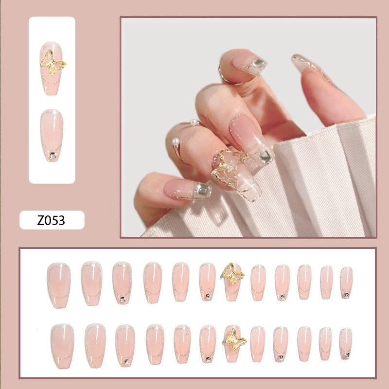 24pcs Stereoscopic Butterfly Light Luxury Elegant Nude Lady Style Removable False Nail Manicure Tool