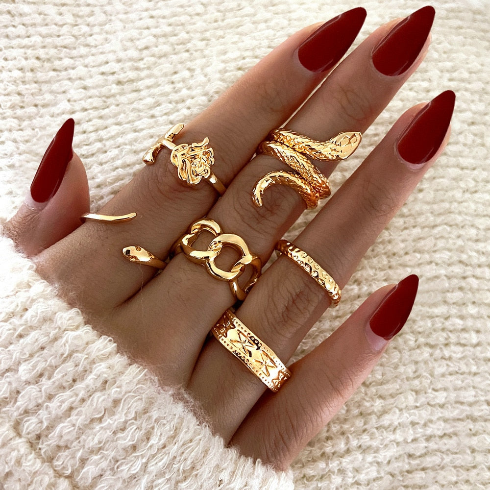 Bohemian Gold Chain Rings Set Boho Coin Snake Moon Star Rings Party Jewelry