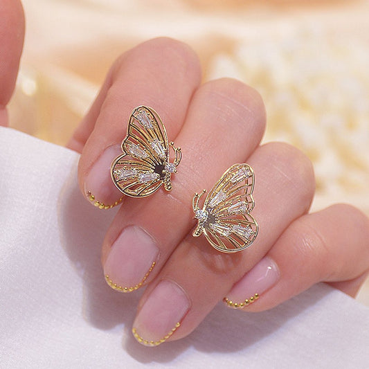 14k Real Gold Luxury Hollow Butterfly Earring Bling Crystal Zircon Dazzling Stud Earring Jewelry