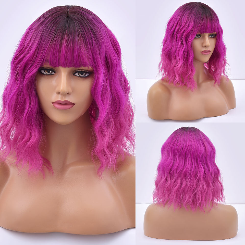 Short Bob Synthetic Wig Ombre Pink Water Wave Hair Wigs With Bangs Cosplay Lolita Heat Resistant Natural Hair