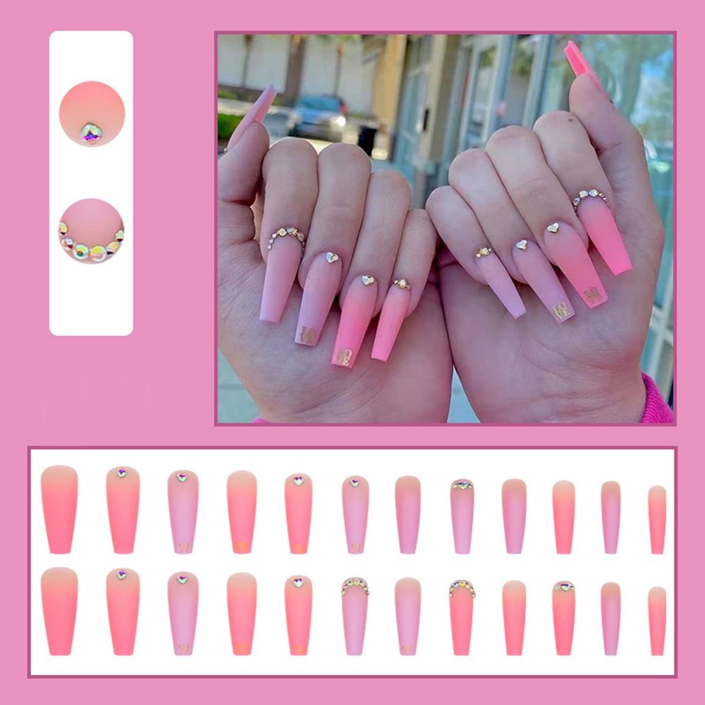 24Pcs False Nails Extra Long Pink Gradient Coffin Fake Nails With Rhinestone Manicure Ballerina Nail Art Tips Press on Nails