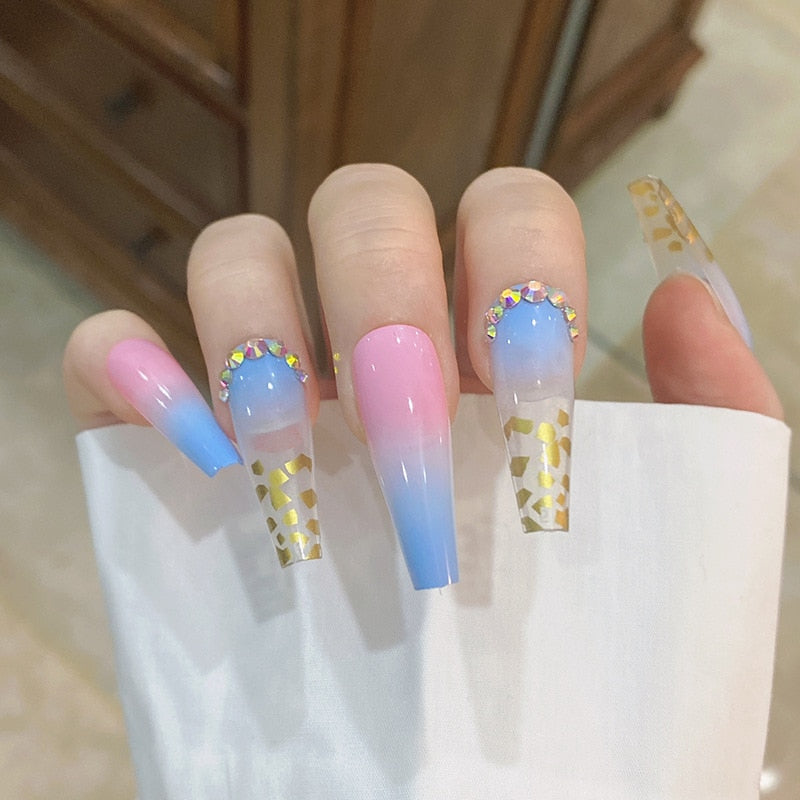 20pcs/Box Hit Color False Nail Long French Fake Nails Detachable Ballet Coffin Nail Tips With Rhinestones Press on Nail Art Tool