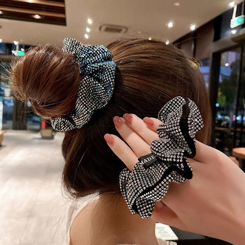 Rhinestone Women Silk Scrunchie Elastic Handmade Hair Black Band Ponytail Holder Headband Hair Accessories