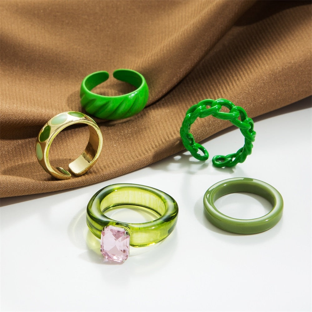 Y2K Style Korean Colorful Resin Chain Rings Set for Women Fashion Colorful Multilayered Heart Ring