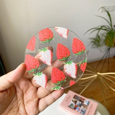 Korea IG Colorful Acrylic Waterproof Coaster Insulation Cup Pad Coffee Milk Water Mat Flower Strawberry Sequin Anti Slip 1* PC