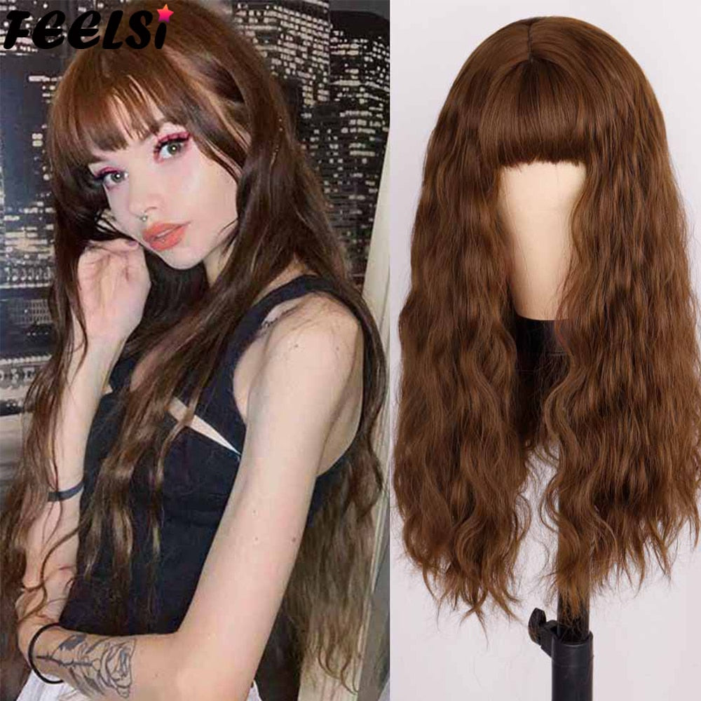 Synthetic Pure Red Black Orange Wig Long Water Wave Halloween Cosplay Wigs Synthetic Wig High Temperature Fiber