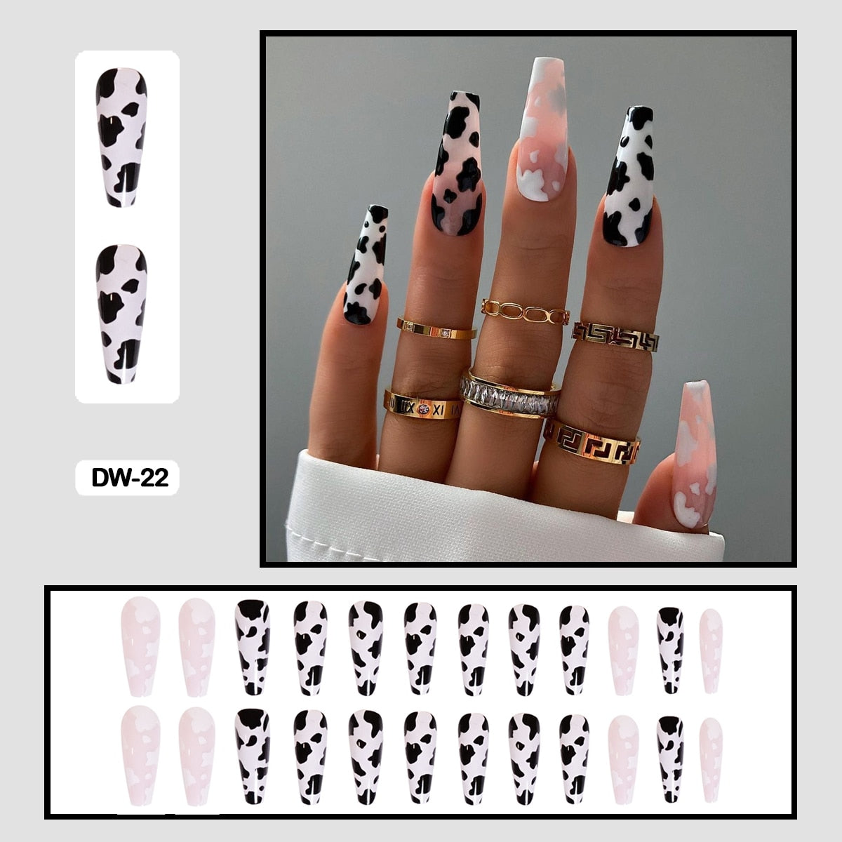 24Pcs Personality Painted Animal Pattern Cow Pattern Leopard Printed Wearable False Nails Fake Nails With Glue And Wearing Tools