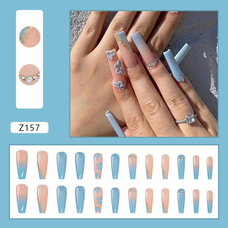 24pcs False Nails Nude Gradient Nail Patch Rhinestone Inlaid Press On Nails Removable Long Manicure nail tips