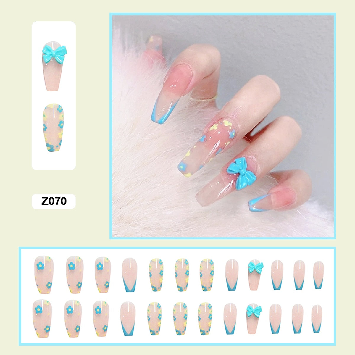 3D bow flowers sweet heart shaped long trapezoidal wearable nail fake nails