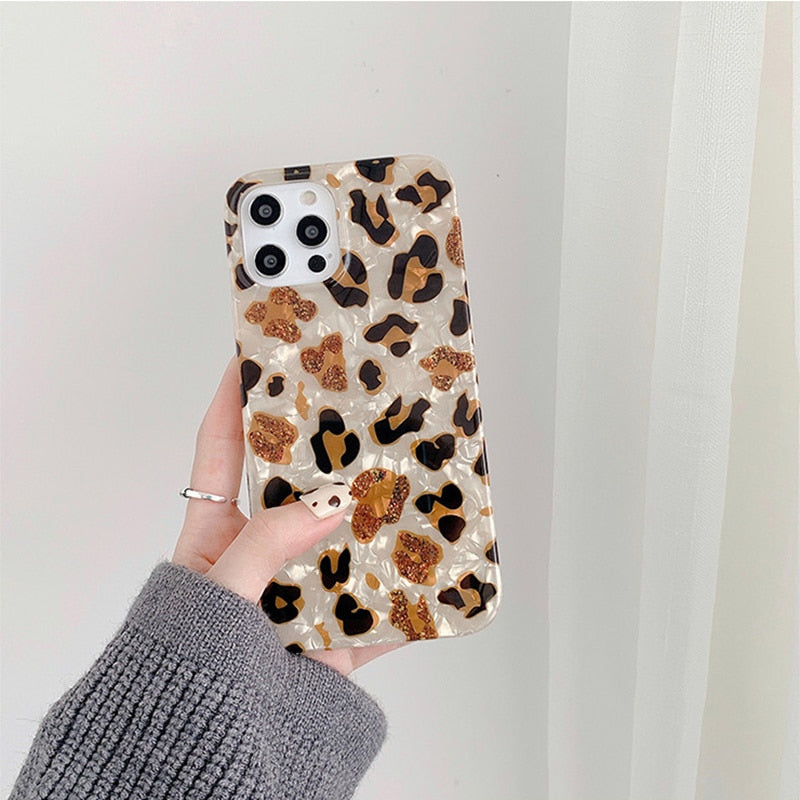 Glitter leopard print phone Case For iphone 13 11 12Pro Max X XR XS Max 7 8 Plus shockproof silicone case protective cover