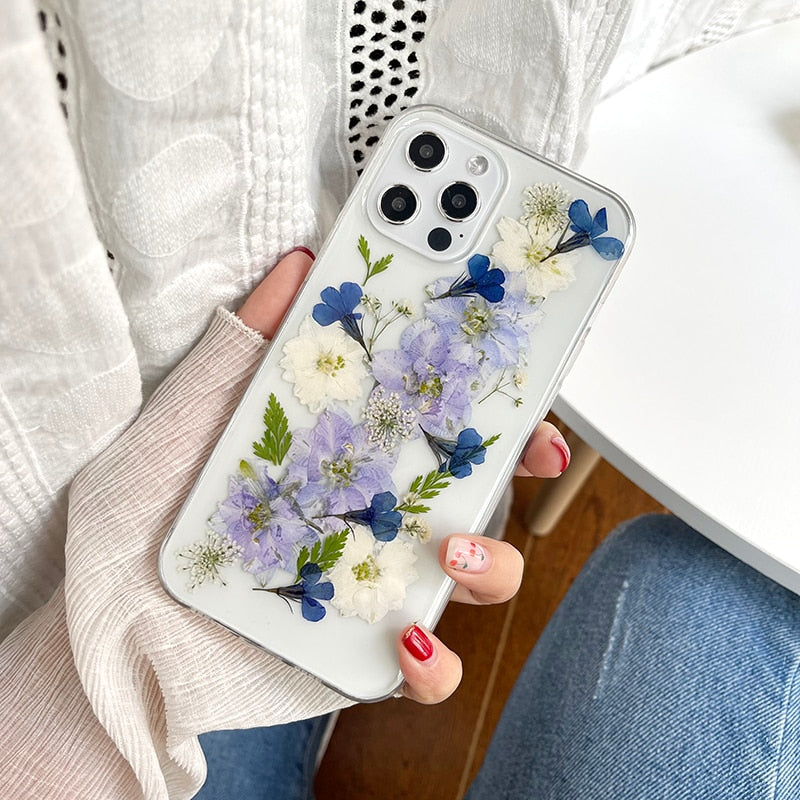 Real Pressed Dried Flowers Phone Case For iPhone X XS Max XR 7 8 Plus 13 12 11 Pro Max SE Case Soft Clear Floral Cover