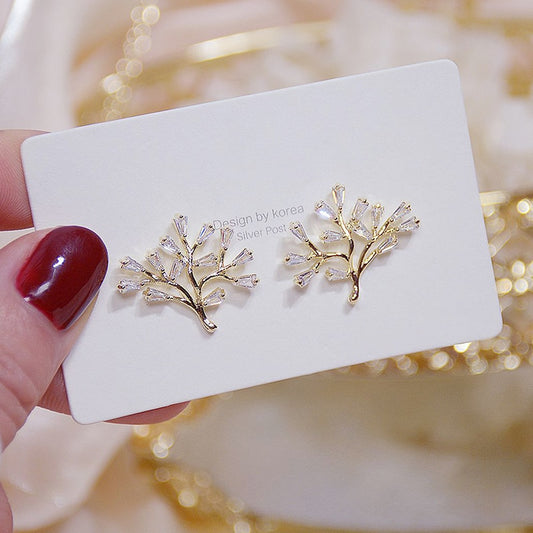 Transparent Crystal Tree Leaf Earring 14K Real Gold AAA Zirconia Stud Earring Bijoux Pendant