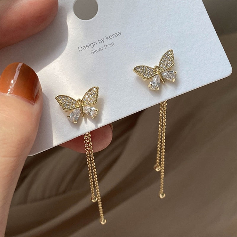 Elegant Cute Rhinestone Butterfly Stud Earrings For Women Girls Metal Chain Boucle Gifts