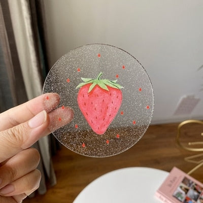 Korea IG Colorful Acrylic Waterproof Coaster Insulation Cup Pad Coffee Milk Water Mat Flower Strawberry Sequin Anti Slip 1* PC