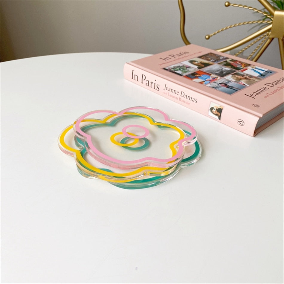 Korea IG Colorful Acrylic Waterproof Coaster Insulation Cup Pad Coffee Milk Water Mat Flower Strawberry Sequin Anti Slip 1* PC