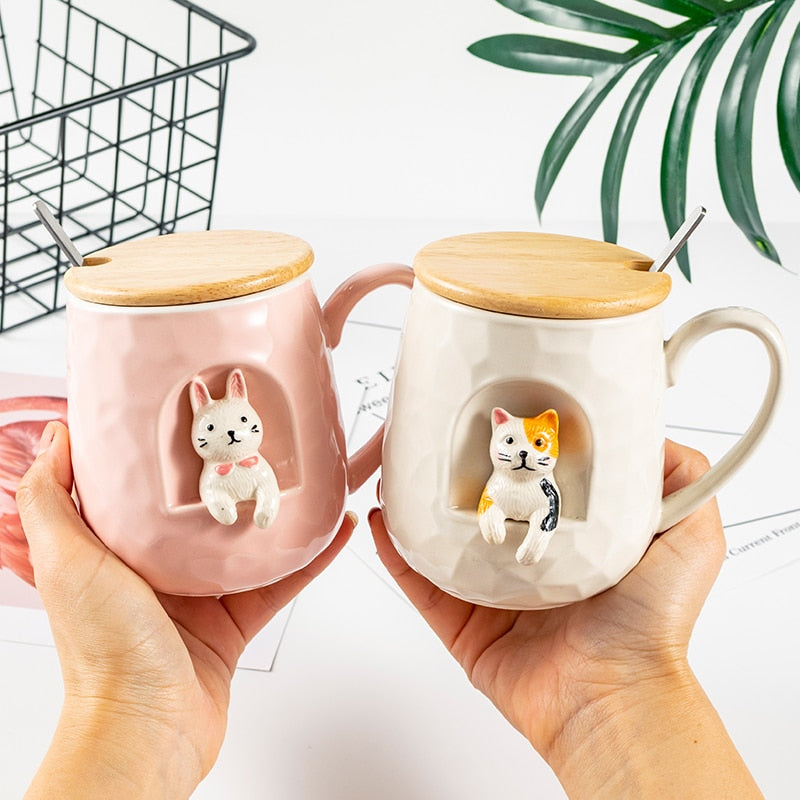 430ml Cute Animals Relief Ceramics Mug With Lid and Spoon Coffee Milk Tea Handle Cup Gifts