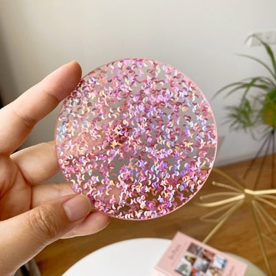 Korea IG Colorful Acrylic Waterproof Coaster Insulation Cup Pad Coffee Milk Water Mat Flower Strawberry Sequin Anti Slip 1* PC