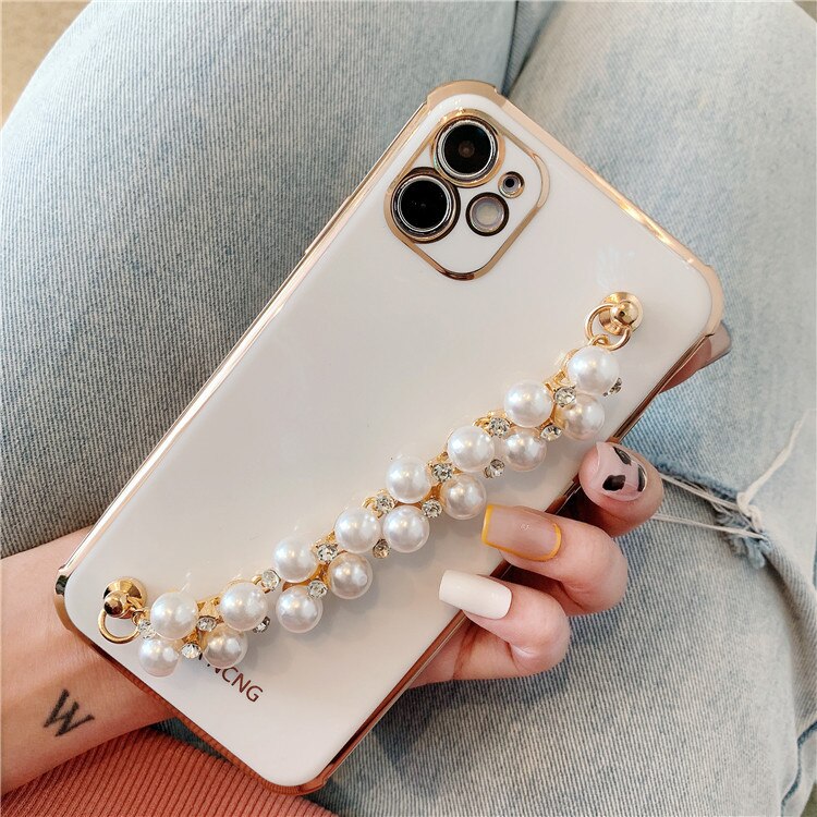 Plating Pearl rhinestone wrist bracelet Soft Phone Case For iPhone 11 12 13 Pro X XS Max 7 8 Plus Wrist Chian Strap phone Coque