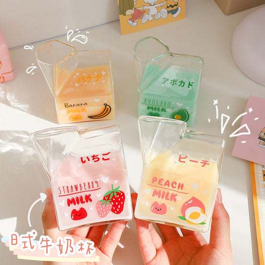 380ml Kawaii Square Milk Carton Glass Cup Cute Strawberry Creative Breakfast Cup For Home Portable Student Transparent Milk Cups