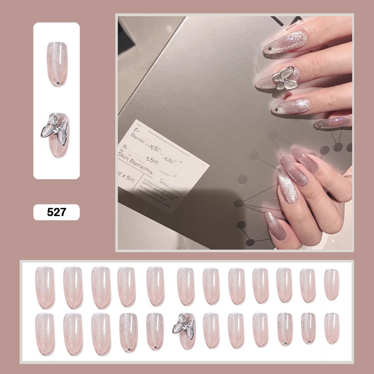 24pcs Stereoscopic Butterfly Light Luxury Elegant Nude Lady Style Removable False Nail Manicure Tool