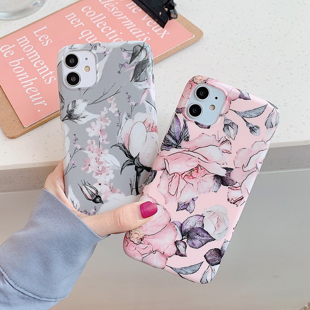 Retro Flower Phone Case With Holder For iPhone 12 11 13 Pro Max XR XS Max 7 8 Plus X Soft IMD Matte Full Body Phone Back Cover