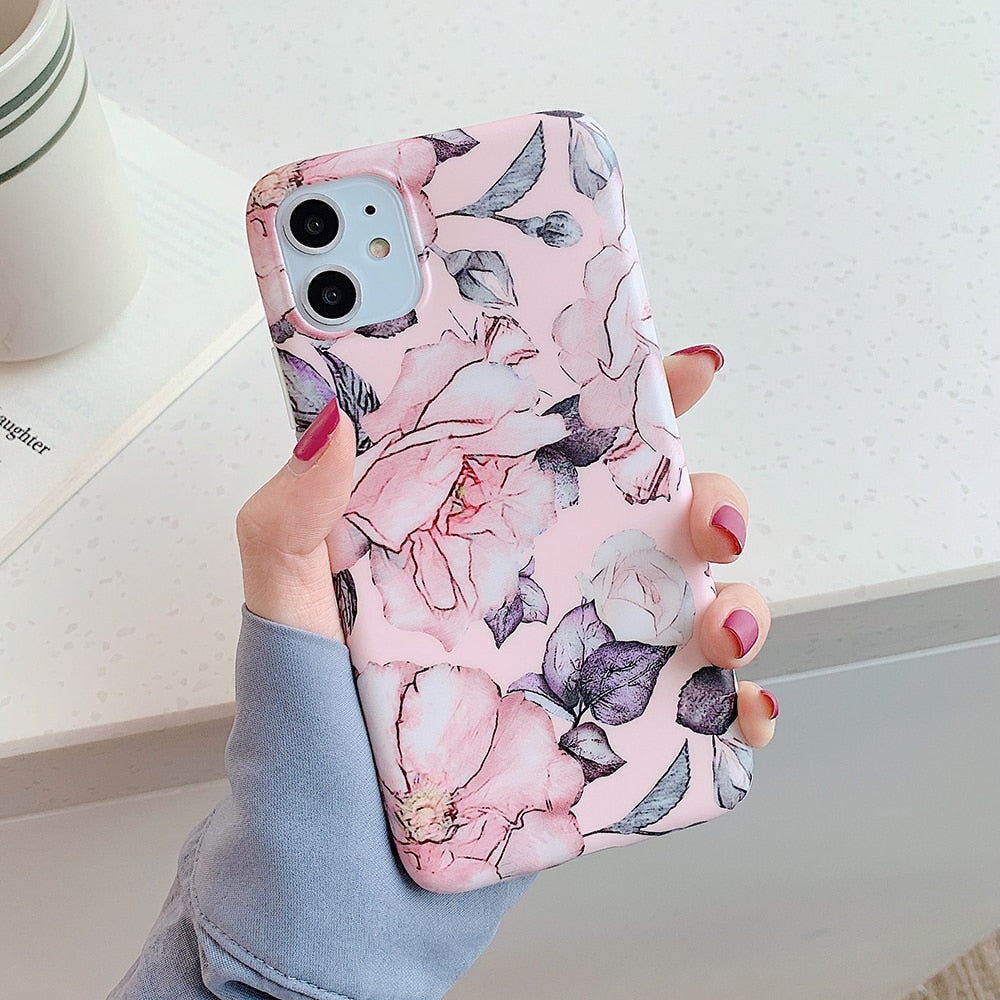 Retro Flower Phone Case With Holder For iPhone 12 11 13 Pro Max XR XS Max 7 8 Plus X Soft IMD Matte Full Body Phone Back Cover