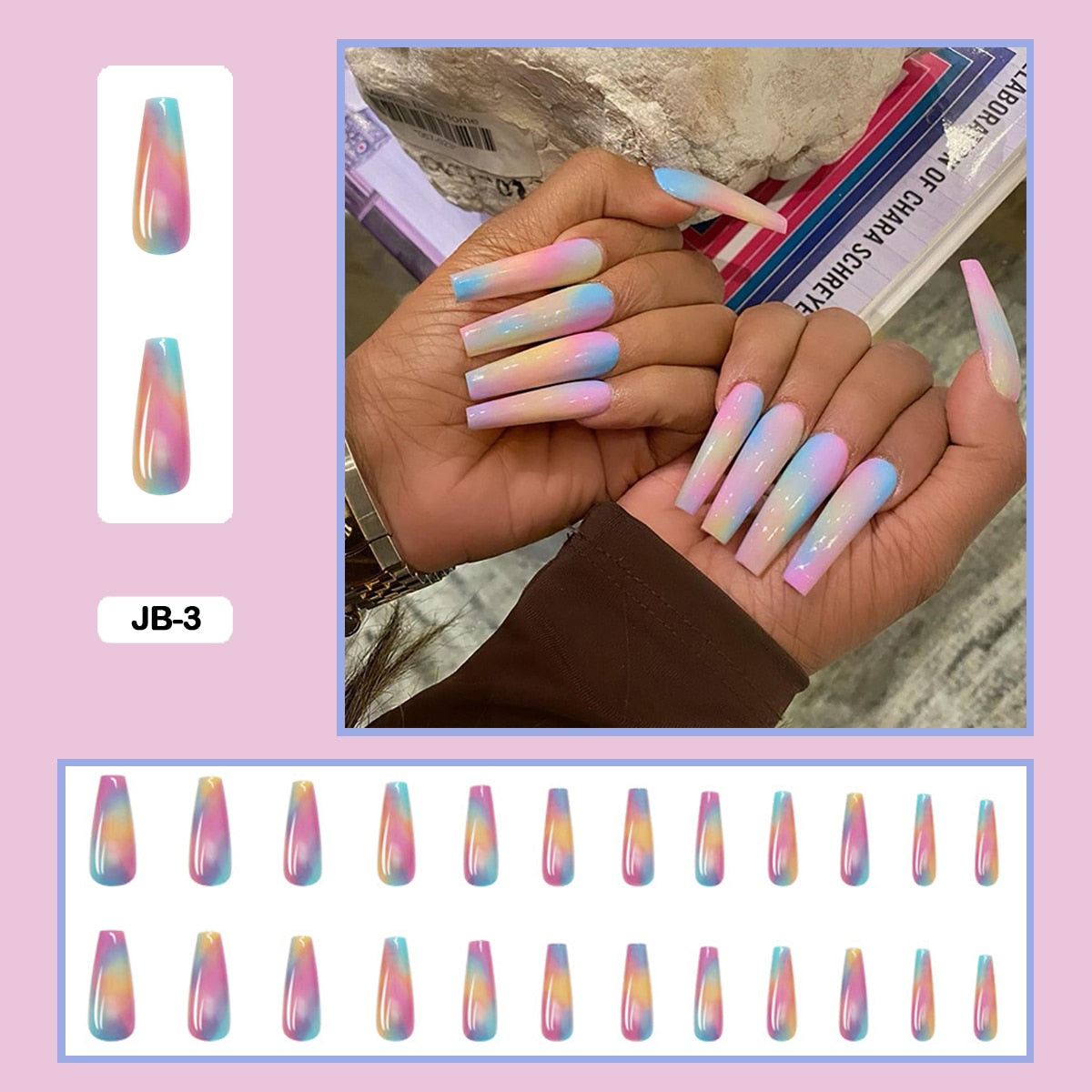 24pcs Gradient Long Trapezoidal Ballet Wearable False Nails Nail Art Fake Nails With Glue And Wearing Tools