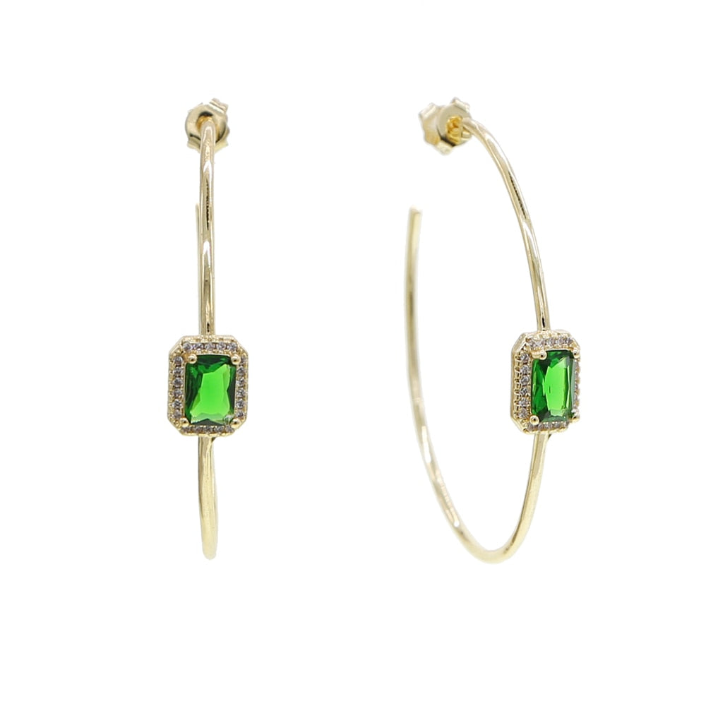 Gold color green baguette cz hoop earring big round circle hoop jewelry