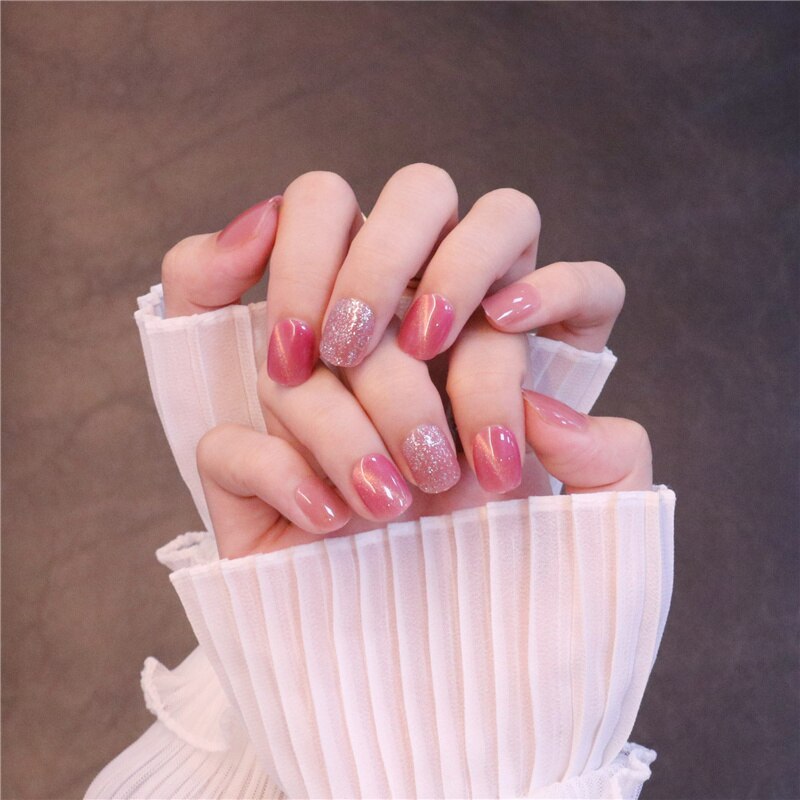 24pcs/box Cat Eye Phototherapy Nail Patch Wearable Fake Nail Short False Nail wearable full cover