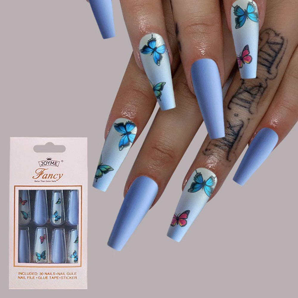 Nails with Blue Butterfly Designs