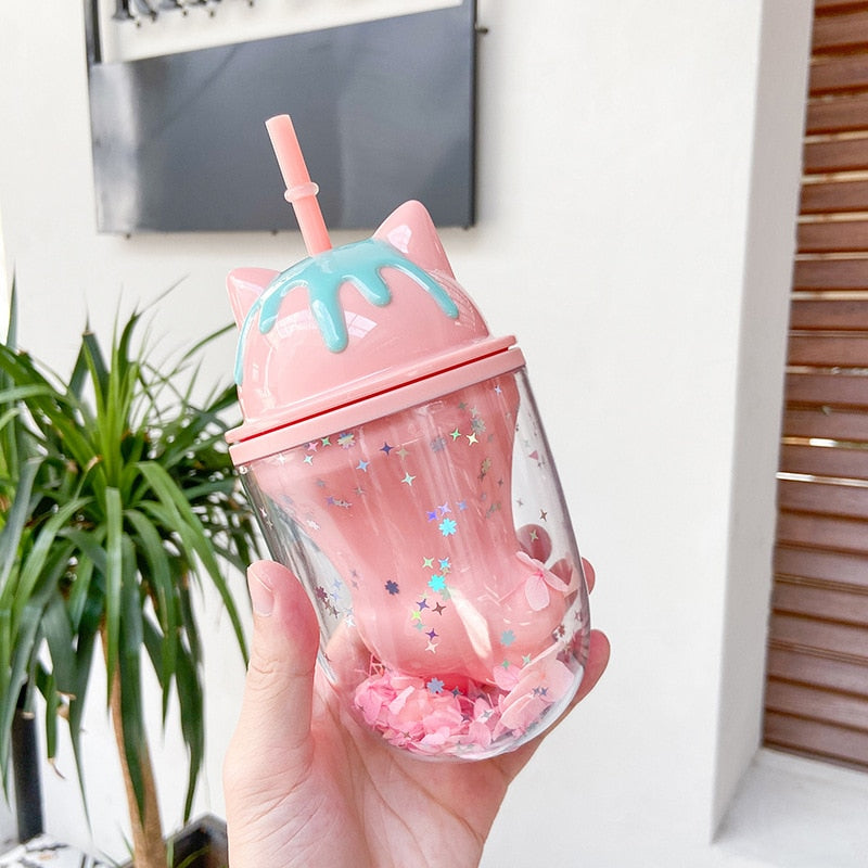 Water bottle cute cat paw plastic cup cute cartoon ins photo posing creative straw cup gift office school home