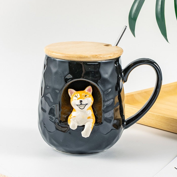 430ml Cute Animals Relief Ceramics Mug With Lid and Spoon Coffee Milk Tea Handle Cup Gifts