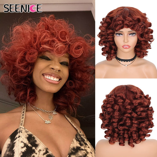 Short Hair Afro Kinky Curly Wigs With Bangs For Black Women Fluffy Synthetic African Ombre Glueless Cosplay Natural Brown Wigs