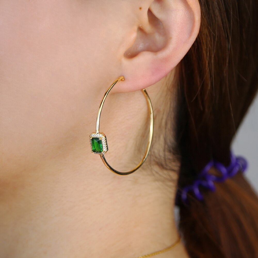 Gold color green baguette cz hoop earring big round circle hoop jewelry