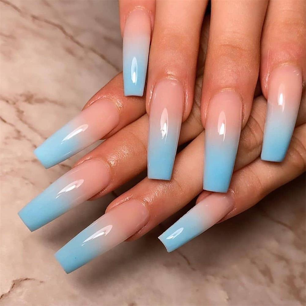 24Pcs Marble Gradient Long Coffin False Nails Detachable Wearable Gold Foil Ballerina Fake Nails Full Cover Nail Tips Press Glue