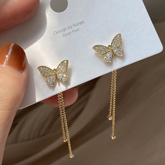 Women Long Tassel Earrings Korean Sweet Butterfly Rhinestone Earring Elegant Geometric Hanging Earring Jewelry