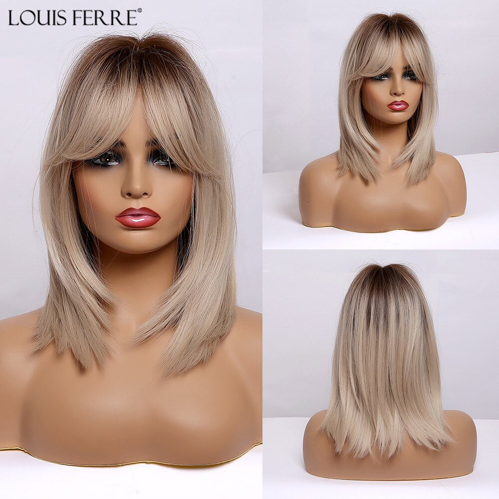 Black Bob Hair Wigs Medium Straight Synthetic Wig with Bangs Cosplay Wig Heat Resistant