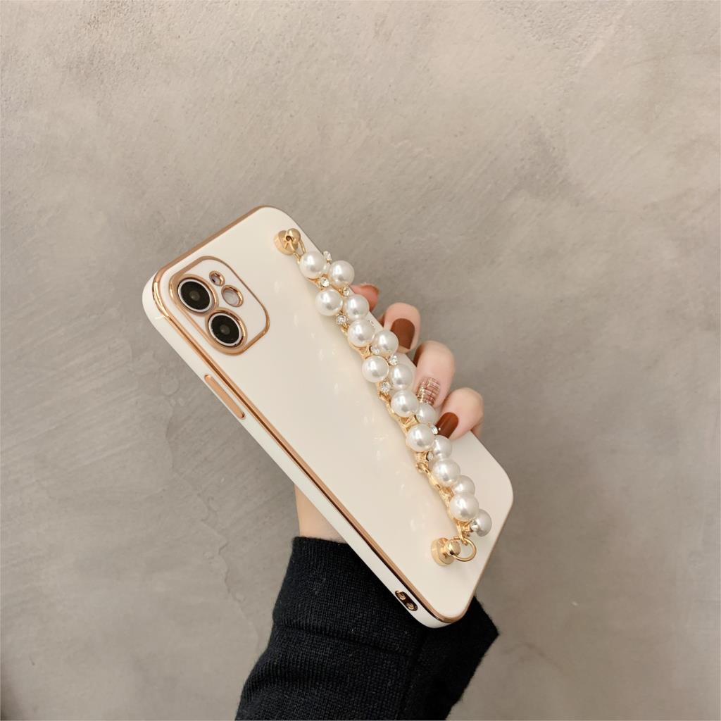 Plating Pearl rhinestone wrist bracelet Soft Phone Case For iPhone 11 12 13 Pro X XS Max 7 8 Plus Wrist Chian Strap phone Coque