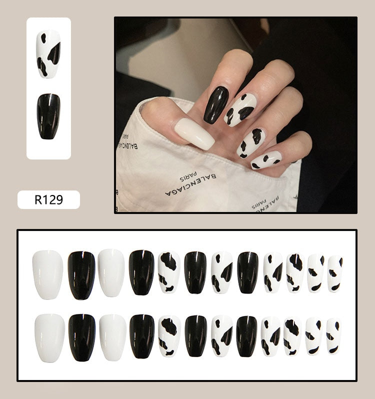 24Pcs Personality Painted Animal Pattern Cow Pattern Leopard Printed Wearable False Nails Fake Nails With Glue And Wearing Tools