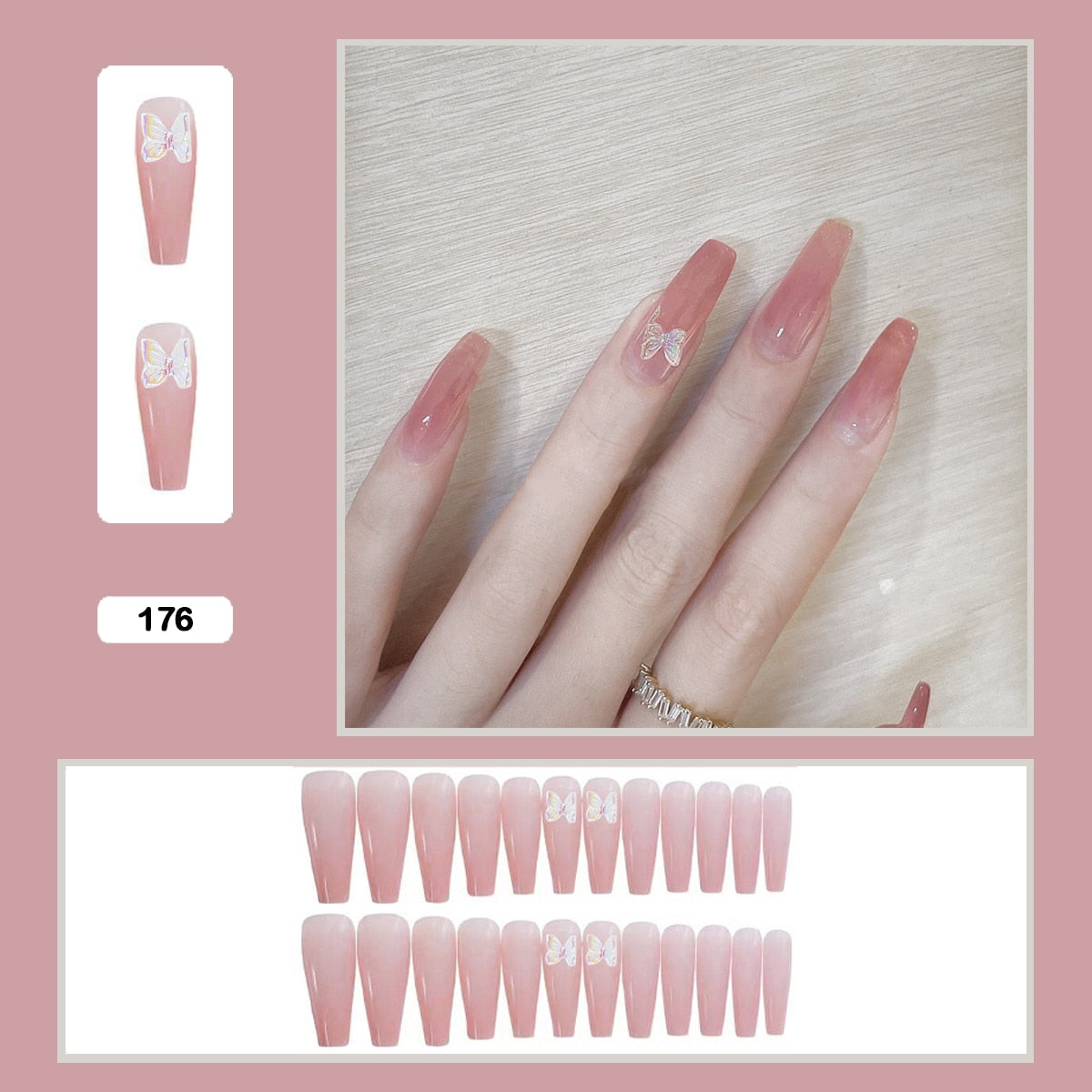 24pcs Stereoscopic Butterfly Light Luxury Elegant Nude Lady Style Removable False Nail Manicure Tool