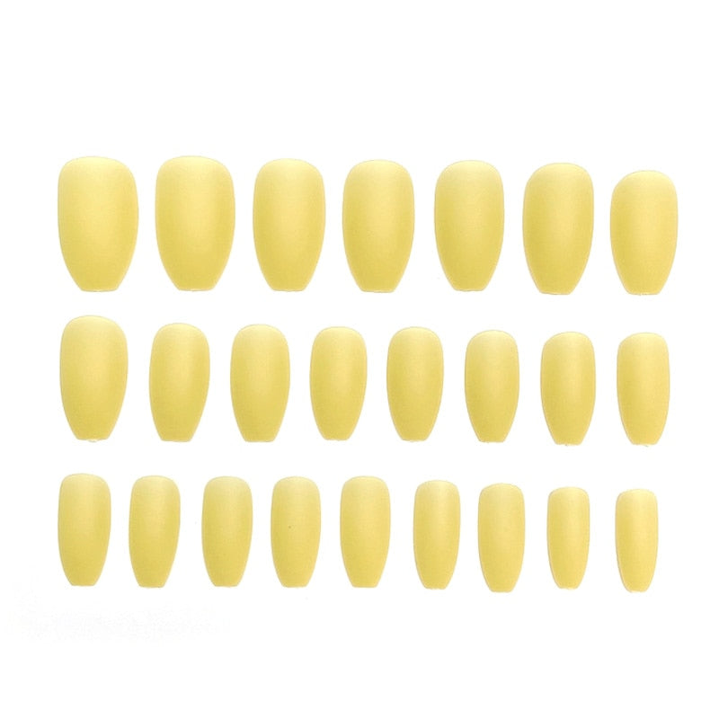 24pcs/box Full Cover fake Press on Nails Matte Yellow Pure Acrylic Frosted Ballerina acrylic for nails