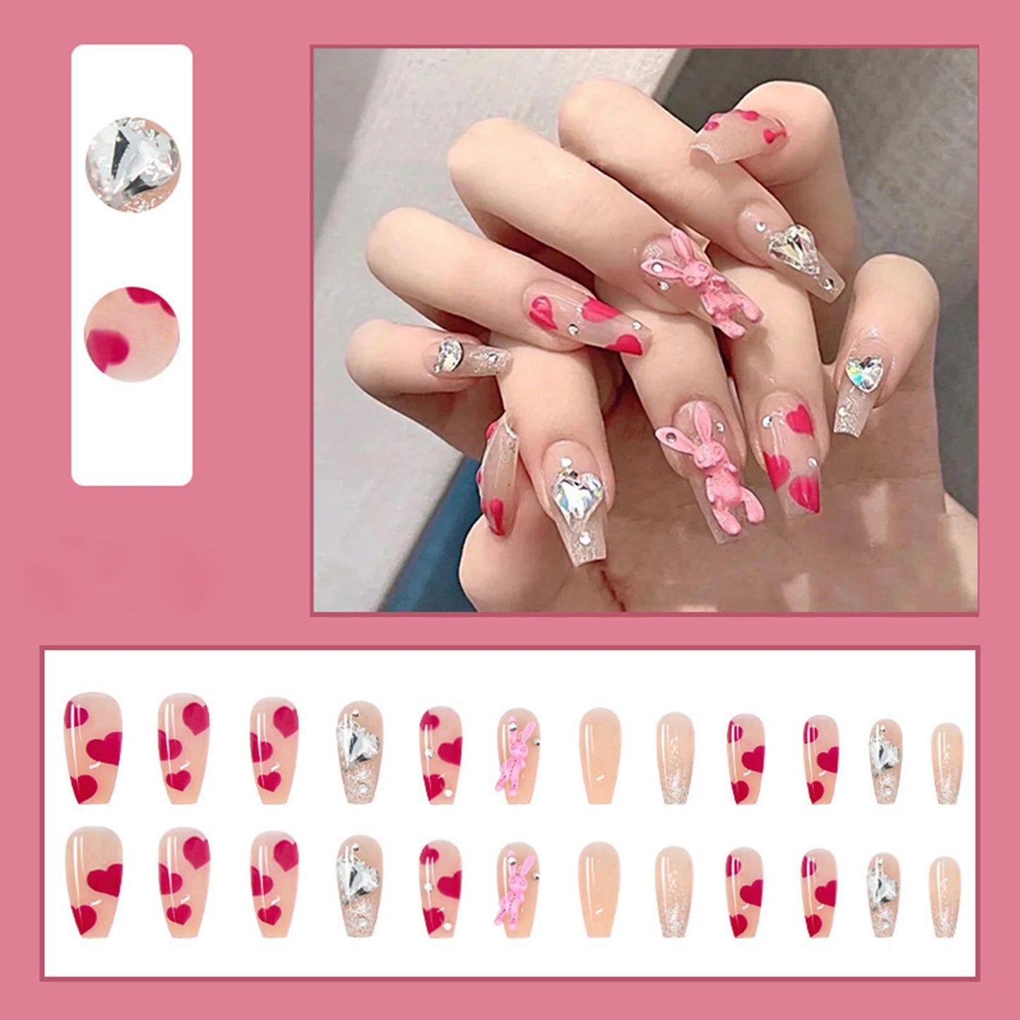 24Pcs Fake Nails with Heart Rabbit Designs Artificial Ballerina False Nails Full Cover Nail Tips Press On Nails Manicure Tool