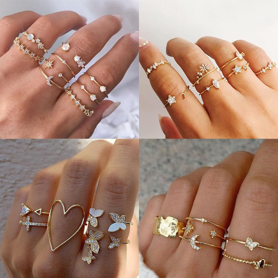 Bohemian Geometric Rings Sets Crystal Star Moon Flower Butterfly Constellation Knuckle Finger Ring Set For Women Jewelry